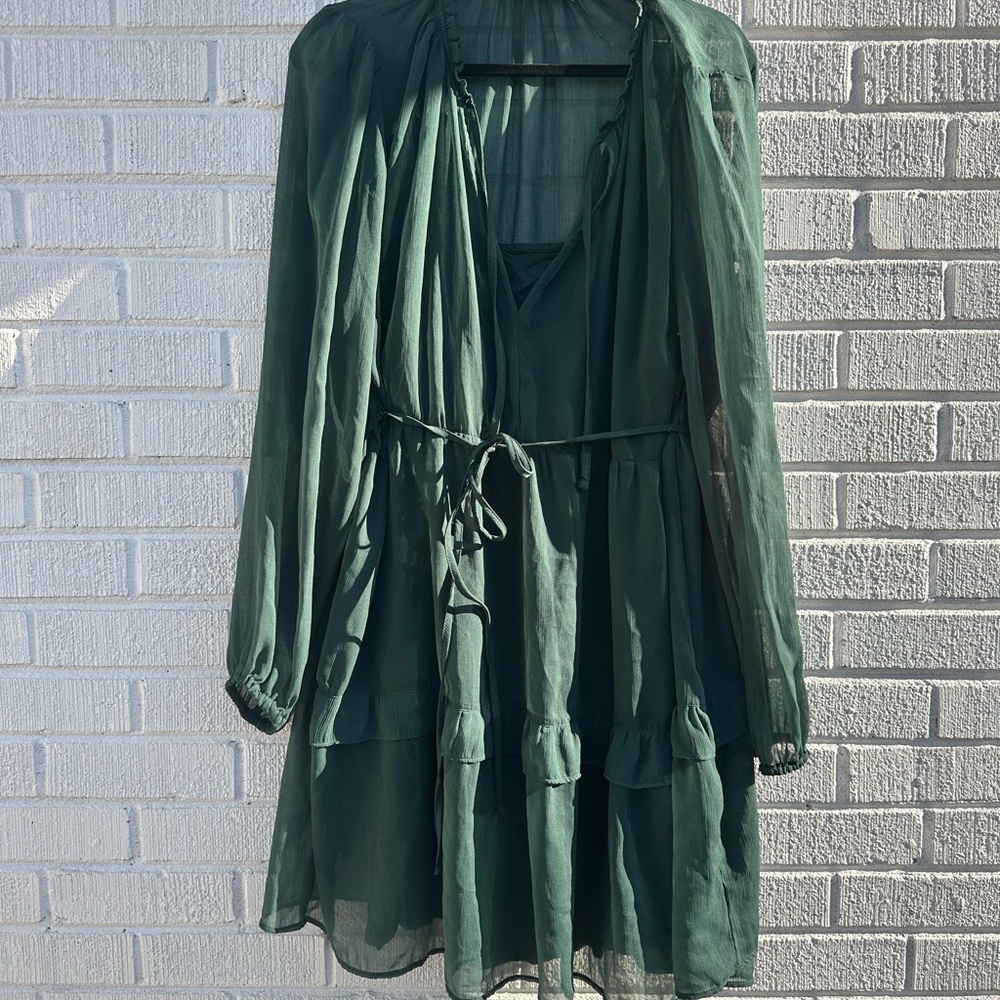 Abercrombie & Fitch Forest Green Tiered Long Sleeve Dress